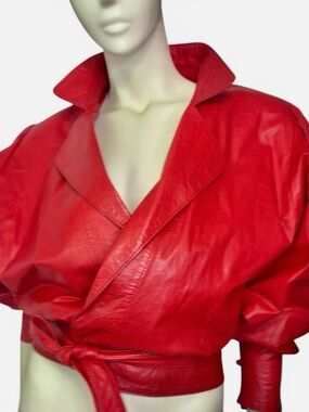80’s Stunning Red Leather Wrap Tie Jacket with Exaggerated Statement Sleeves S/M